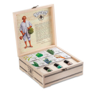 Подарочный набор с чаем и эфирными маслами «История пара и самовара» в деревянной шкатулке